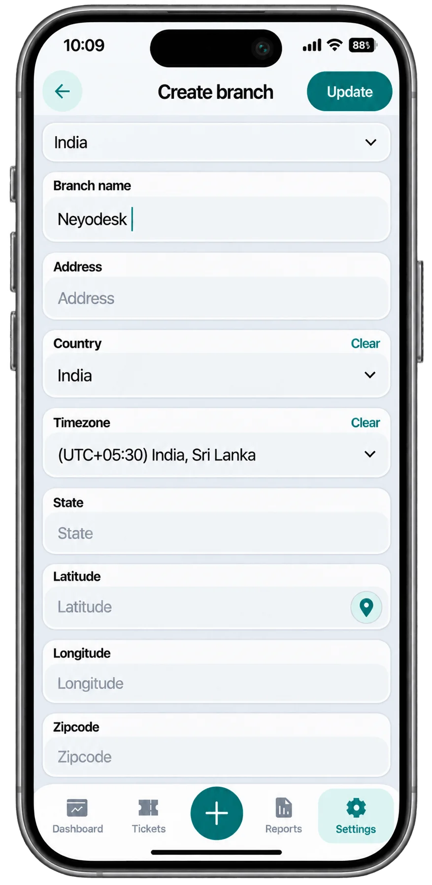 NeyoDesk mobile branch settings with map pin