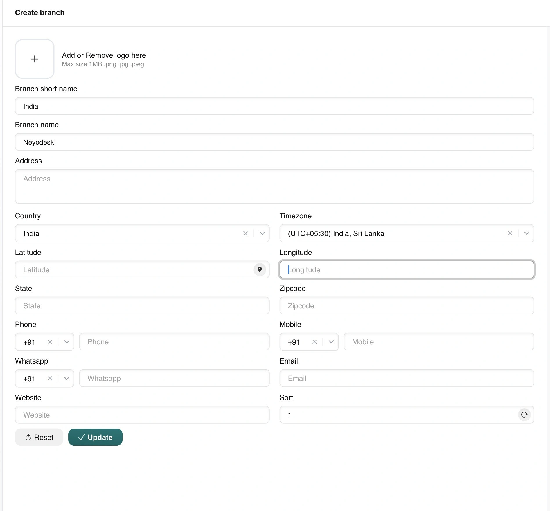 NeyoDesk web dashboard branch location settings