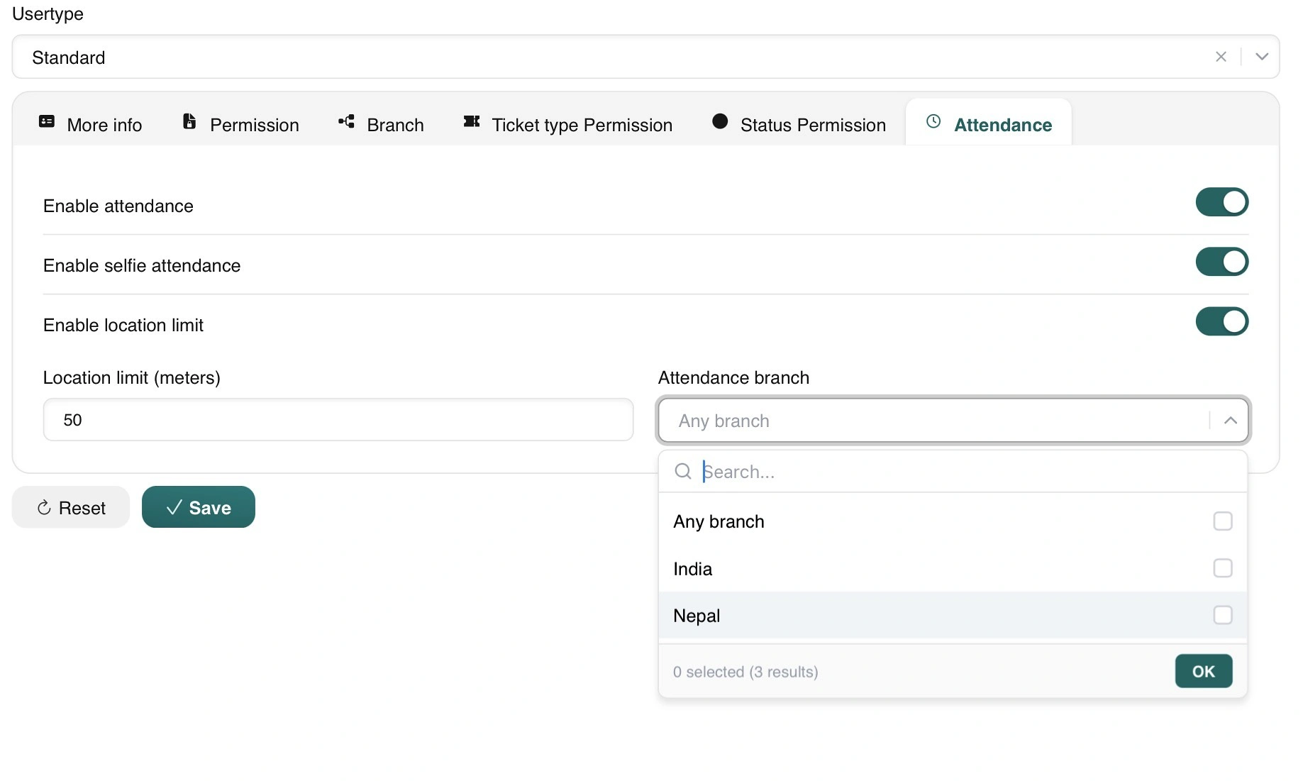 NeyoDesk user settings modal with Attendance tab options