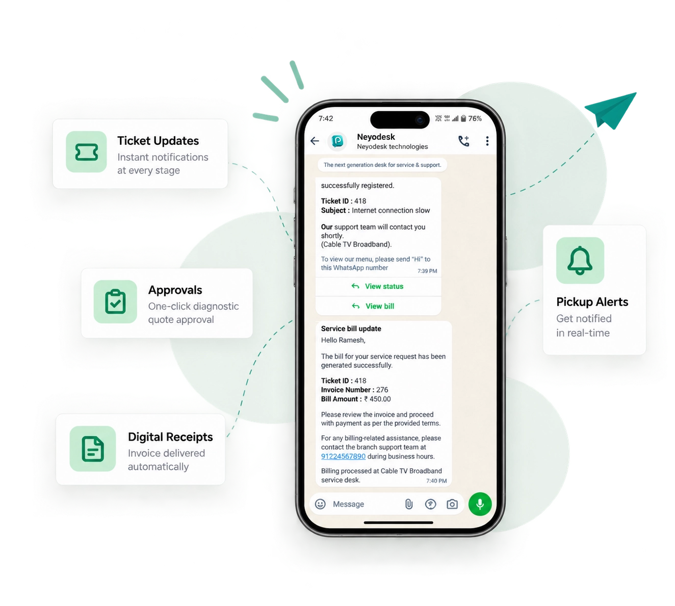 Neyodesk WhatsApp service ticket and billing notifications